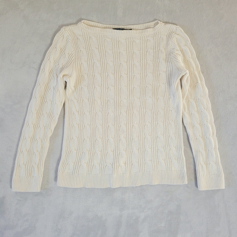 Ralph Lauren Woman's Cream Cable Knit Sweater Medium/Large Boat Neck